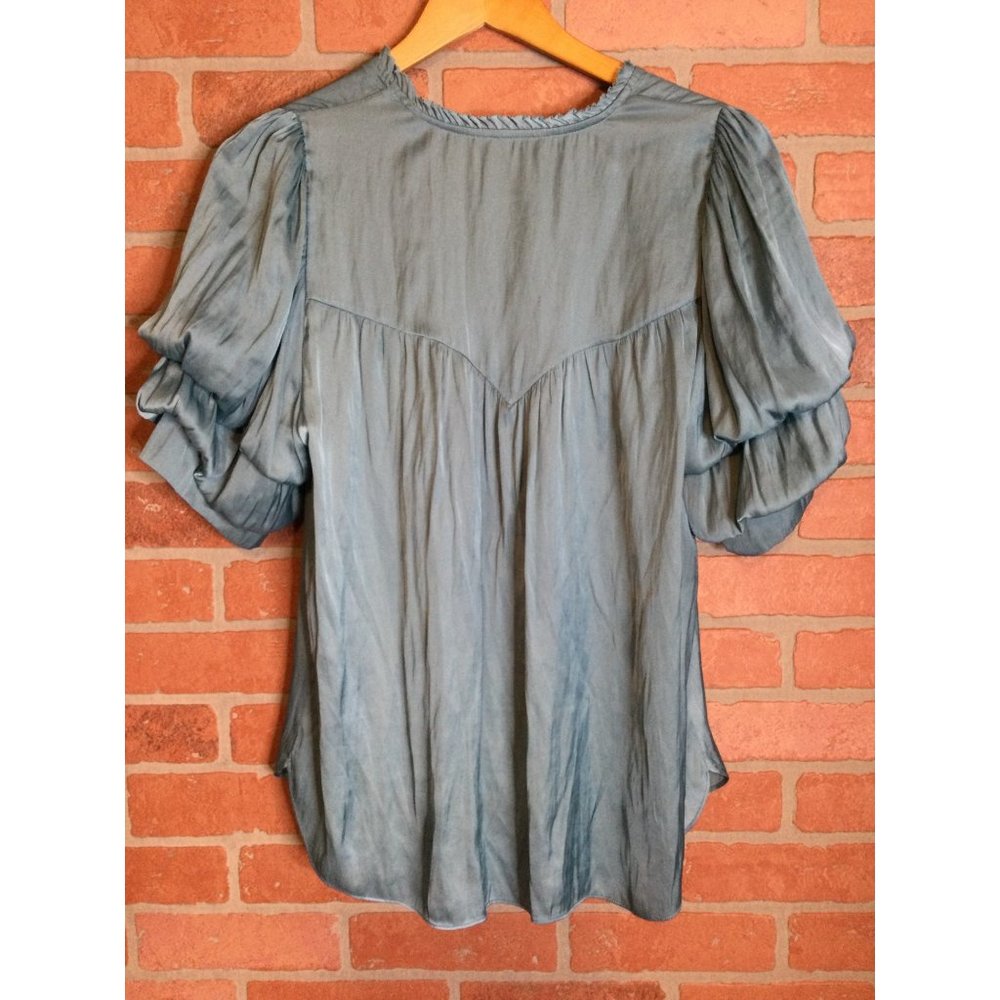 Zadig & Voltaire Women's Taste Tiered Puff Sleeve Satin Top. Large. LIGHT BLUE - Picture 3 of 9